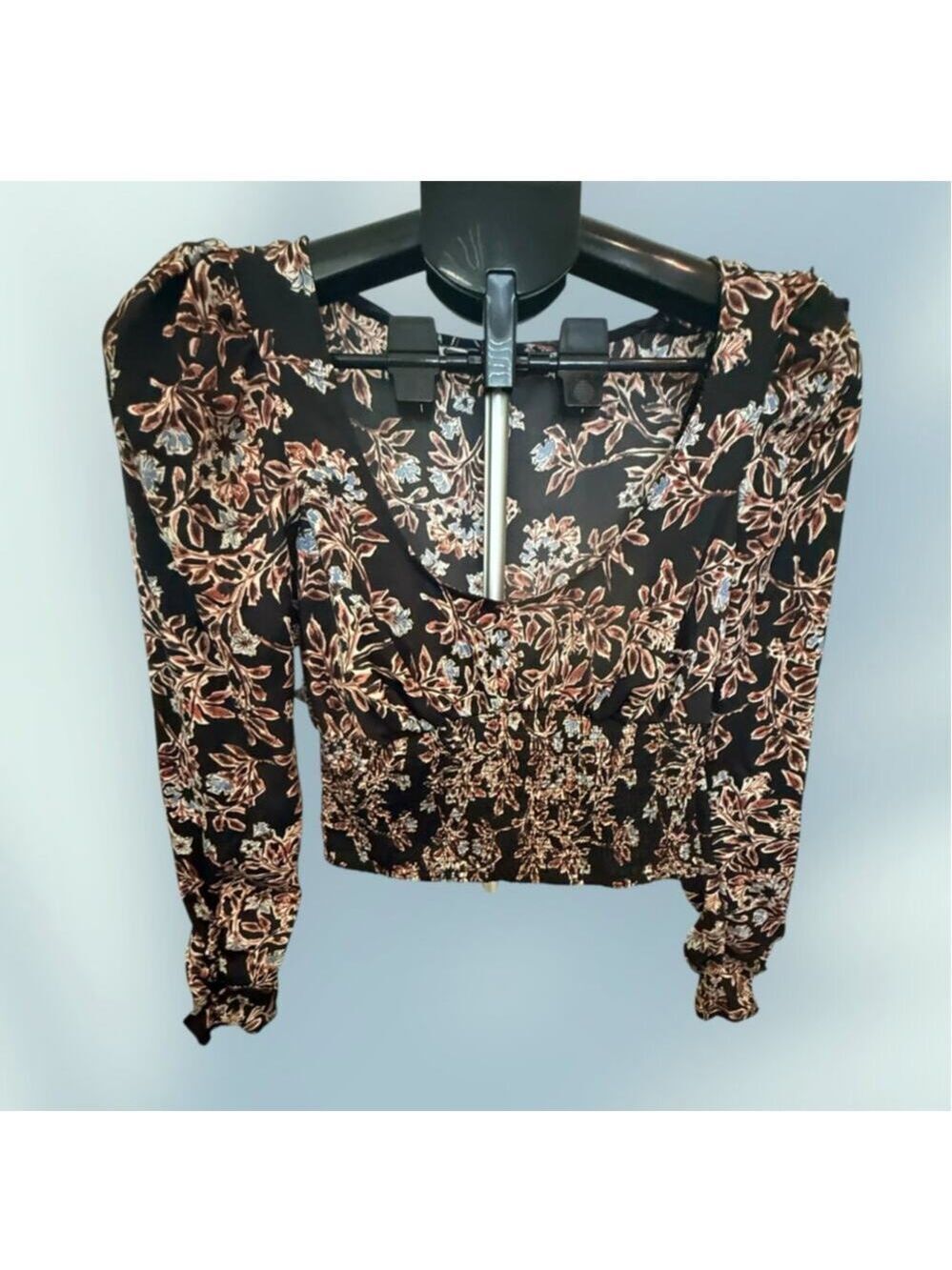 Free People Brown Leaf & Floral Pattern Smocked Waist Bank Blouse  XS